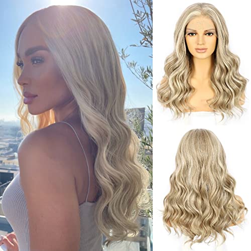 SAPPHIREWIGS Blonda Wavy peruca sintetice dantela fata peruci pentru femei pre-smuls Hairline Ombre Blonde 150% densitate fibre rezistente la căldură păr peruca 16 inch