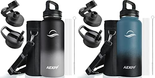 AEXPF 32 oz sticlă de apă izolată, sticlă de apă cu vid din oțel inoxidabil cu 3 capace, termos de metal rezistent la scurgeri, ulcior de apă fără BPA cu curea, 2pc