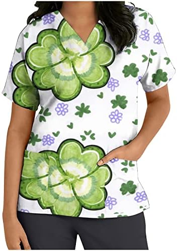 St Patricks zi Scrub_Tops pentru femei drăguț Shamrocks imprimare vacanță Bluza Casual maneca scurta V gât Nursing uniforme