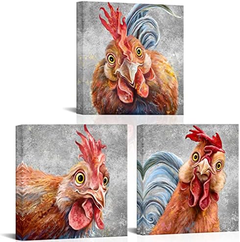 Simiwow Farm Animal Funny Rooster Kitchen Decor de perete de pui Panvas pictură imprimeuri încadrate gata să atârne fermă de