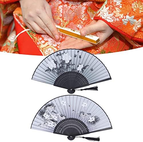 Plplaaoo 2pcs fan handheld, ventilator pliabil, ventilator de mână, bambus cu oase negre model de flori stil retro -decorativ