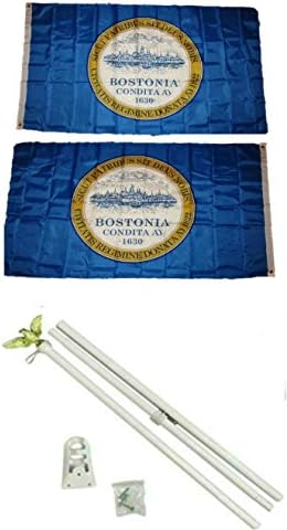 AES CITY OF BOSTON 3'X5 'Polyester 2 Fly Flag cu două fețe cu 6' Set de poluri albe cu Eagle Topper