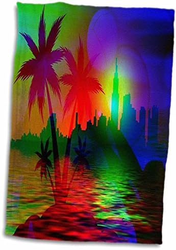 Imprimare de trandafiri 3D de palme frumoase și peisaj de apă în neon TWL_204341_1 prosop, 15 x 22, alb