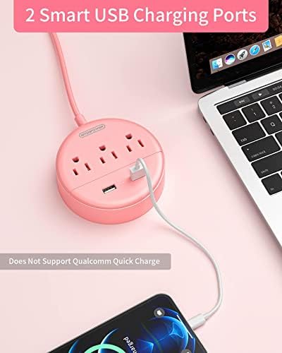 Fâșie electrică de călătorie și bandă de putere roz cu pachet USB, 15 inci cabl de extensie scurtă și cablu de extensie lungă