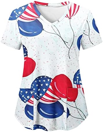 4 iulie Tricouri pentru femei American Flag vara maneca scurta V Neck tricou cu 2 buzunare Bluze vacanță Casual Workwear