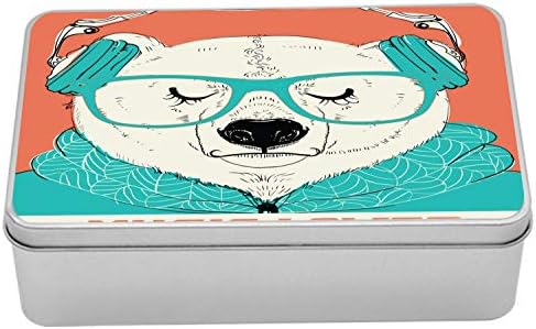 Cutie de staniu de urs polar din Ambessonne, portret al muzicii iubitor hipster urs grizzly cu căști, cutia portabilă pentru