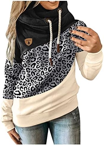 Femei drăguț Leopard Contrast Splice supradimensionate Hanorace cu mâneci lungi Vrac Pulover Bluze buzunar Hoodies Casual