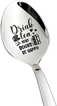 BIGEVENTS ceașcă de ceai bea citit cărți fi fericit lingura gravate lingurite cadou amuzant linguri pentru adulți cadouri sub douăzeci cu zicători, argint, 7 inch