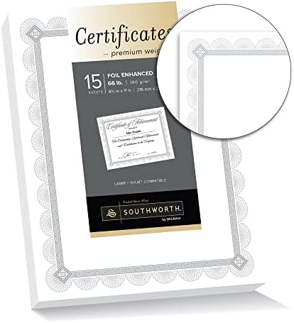 Southworth premium-certificate folie Greutate, 8 1/2 x 11, folie Spiro alb / argintiu, pachet de 15