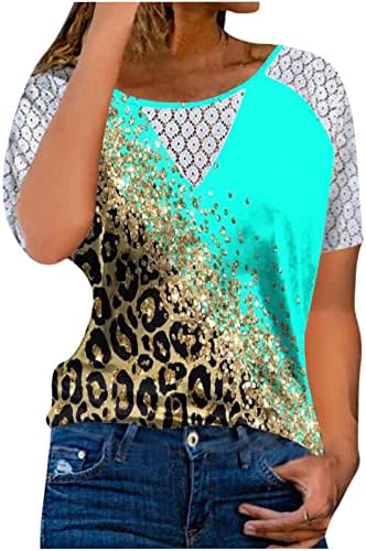 Topuri de vară pentru femei tricouri imprimate cu leopard casual cu mânecă scurtă din dantelă liberă din dantelă blaturi cu