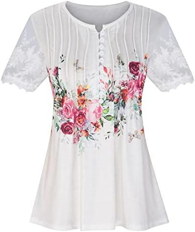 Vara florale Camasi pentru Femei dantelă croșetat maneca scurta V gât tunica Topuri Dressy Casual vrac Tee Shirt
