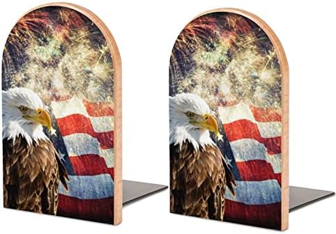 Bald Eagle cu un steag și focuri de artificii din lemn Bookends trendy decorative carte Stand pentru acasă și birou rafturi