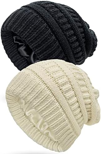 Mukeyo 2 Pack Femei Satin Căptușite Beanie Hat Iarna Tricotate Mătase Căptușeală Pălărie Slouchy Cablu Craniu Cap