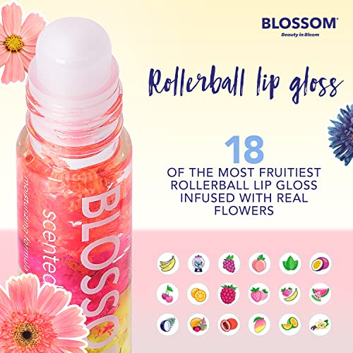 Blossom Scented Roll On Lip Gloss, infuzat cu flori reale, fabricat în SUA, 0,40 fl oz, pachet 2, Lychee/fructul pasiunii