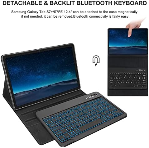 Carcasă de tastatură retroiluminată pentru Samsung Galaxy Tab S8 Plus/S8/S7 Plus FE, 12,4 inci tastatură detașabilă wireless