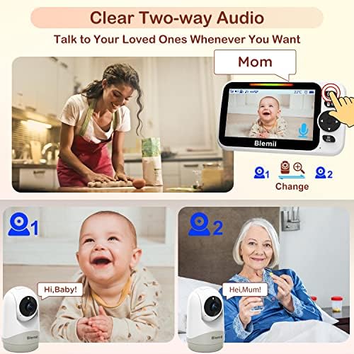Monitor pentru Bebeluși Blemil, Monitor video pentru bebeluși cu ecran divizat mare de 5 cu 2 camere și Audio, Pan/Tilt/Zoom