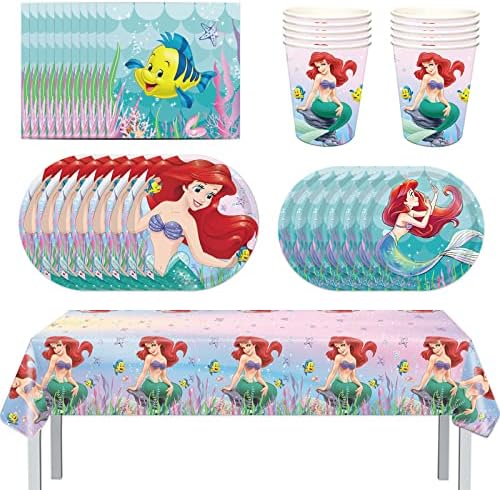 Gkszajo The Little Mermaid Ariel Party Supplies Set, servește 16 oaspeți Little Mermaid Party Favors, inclusiv farfurii, cupe,