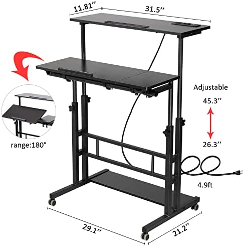 Hadulcet Stand Up Desk, Rolling Desk înălțime reglabilă, Mobile Standing Desk with Wheels & amp; stație de încărcare ,birou