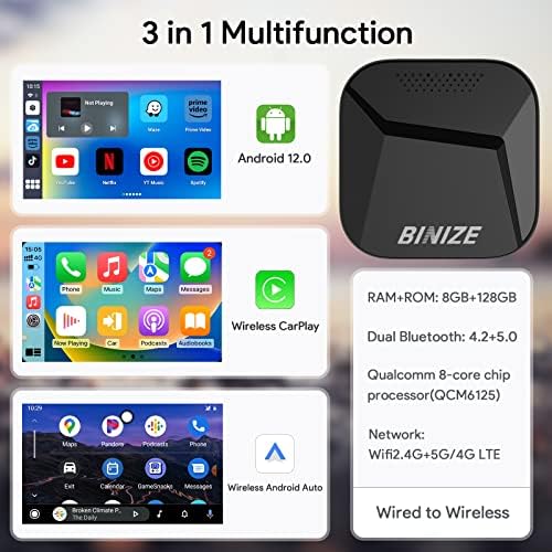 Binize Carplay AI Box Android 12, 8 GB+ 128 GB, 8-core, compatibil cu carplay wireless și wireless Android Auto, Magic Multimedia Video Box Netflix YouTube Hulu Disney+ pentru mașini cu OEM Wired Carplay