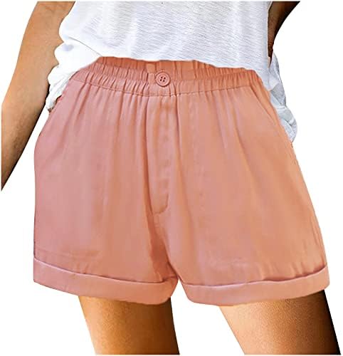 LMSXCT Pantaloni scurți de lenjerie de bumbac cu talie înaltă pentru femei cu buton casual liber talie elastică cu tiv pliat
