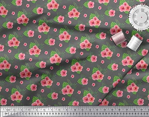 Soimoi Gri Bumbac Voile Fabric Monstera frunze & amp; Floral decor Fabric imprimate metru 58 Inch lățime