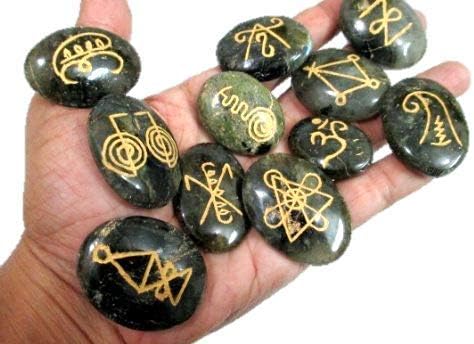 Jet Labradorite K-Aruna Reiki 11 Set de piatră cristal Oval piatră prețioasă gravată Vindecare Chakra echilibrare pungă spirituală