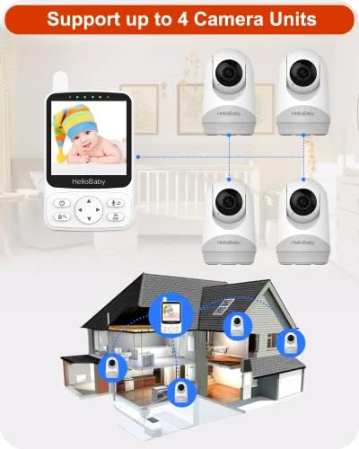Monitor HelloBaby cu durată de viață a bateriei de 29 de ore și 4 & 34; ecran IPS, fără WiFi, Monitor video pentru bebeluși
