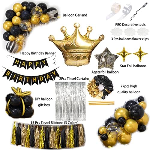 Lfvik Black Gold Birthday Decorations fundal și 4 dimensiuni baloane Garland Set de petrecere din aur negru, banner de naștere,