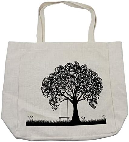 Geanta de cumpărături pentru copaci din Ambesonne, silueta copacului cu ilustrație swing Flowersnd Grass Model monocrom, geantă