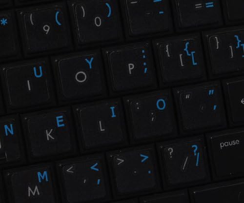 Autocolante pentru tastatură COLEMAK pe fundal Transparent cu litere albastre, portocalii, roșii, albe sau galbene