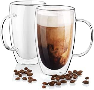 Căni de cafea cu sticlă cu perete dublu, 16 uncii, cupe de cafea de sticlă curățată cu mâner, sticlă izolată de cafea, căni
