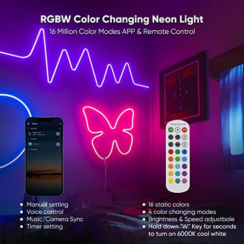 Shine Decor 24v Smart NEON FROPE FROPE, RGBW Silicon Neon Light App de la distanță WiFi Control Music Sync, RGB+Cool White