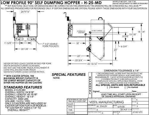Vestil H-25-MD-SR Self Dumping MD Hopper, 0,25 cu. YD, 4000 lb. Capacitate, 45.9375 lungime, 24.6875 lățime, 18,25 înălțime