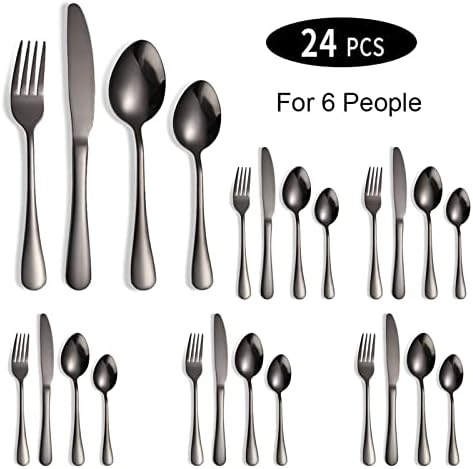 Set de argint negru de 24 pc set plat cu oțel inoxidabil din oțel inoxidabil, cuțit, lingură de lingură