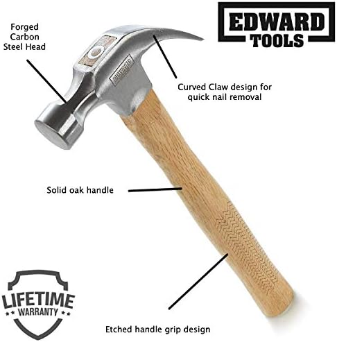 Edward Tools Oak Claw Hammer 16 oz-Heavy Duty All Purpose Hammer-oțel carbon forjat cap-mâner din stejar solid gravat pentru