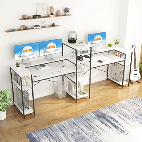 HYPIGO 109 inch alb birou dublu Computer, stație de lucru de birou Extra lungă pentru două persoane cu rafturi de depozitare