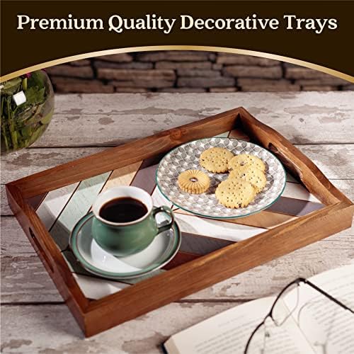 Tavă decorativă de servire otomană din lemn cu mânere din lemn / tăvi ideale pentru fermă pentru cafea sau masă cu design frumos