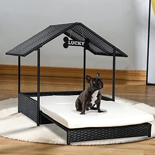 SCURTRY 35 '' Casă pentru câini în aer liber canapea mare pentru câini scaun pat de răchită mobilier stil ridicat de pat rattan