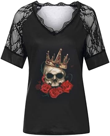 Narhbrg Craniu pentru femei trandafiri Tunică tipărită Tunică Plus Size Up Sexy Elegant Dantel Tricouri Bluze cu mânecă scurtă