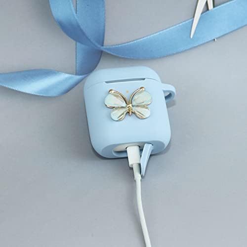 Carcasă AirPods Wonhibo Cute Butterfly, Silicon Girls Blue Designer Cover pentru Apple AirPod 1 și 2 cu cheie