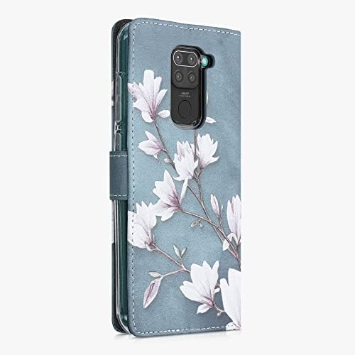 Carcasă Portofel kwmobile compatibilă cu Xiaomi Redmi Note 9-husă din piele artificială-Magnolias Taupe/Alb / Albastru Gri
