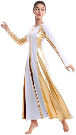 Ibakom Womens Adult Adult Metalic Color Color Bloc de cole Lungime Lăudați rochie de dans liber Fit pe toată lungimea Liturgică