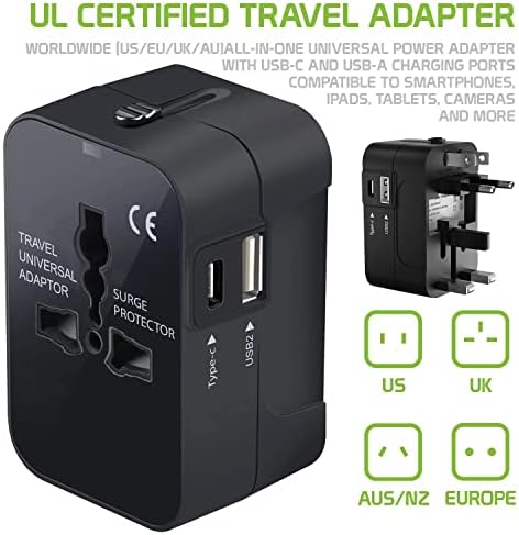 Travel USB Plus International Power Adapter Compatibil cu Motorola Moto e pentru puterea mondială pentru 3 dispozitive Typec