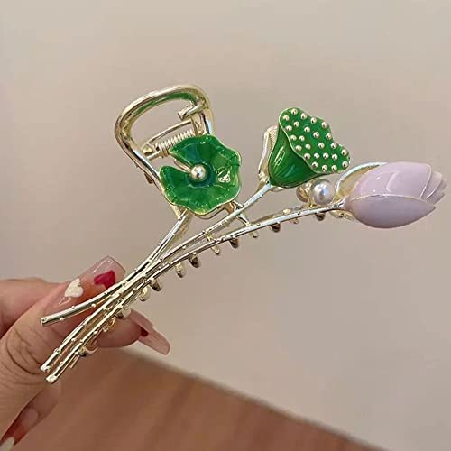 Retro Lotus Tulip Hair Claw Metal Pearl Floare Rechin Clip Păr Strălucitor Nonnslip Hair Barrettes Hold Hold Cramps For Woman