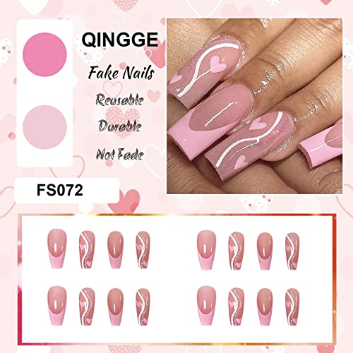 Qingge Ziua Îndrăgostiților Pink French Tip Press On Nails Heart Heart Fake Nails Nails Fals cu lipici pe unghii Square Stick