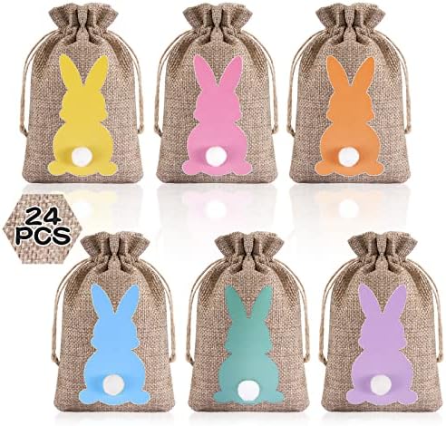 JoinJoy Easter Candy Bags 24 buc saci de pânză groasă de sac Bunny saci de pânză groasă de sac cu șnururi Genti cadou Easter