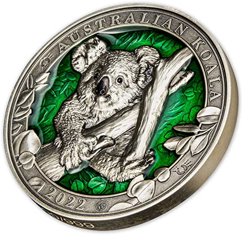 2022 De Colors of Wildlife Powercoin Australian Koala 3 Oz Monedă de argint 5 $ Barbados 2022 Finisaj antic