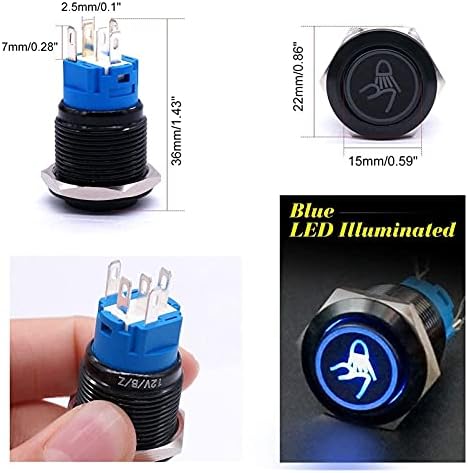 Vevel 12v 19mm LED albastru întrerupător buton de apăsare 1NO 1NC 3/4 Gaură de montare Ridat Băieți negri Comutator de comutare