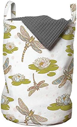 Geantă de rufe Ambesonne Dragonfly, floare de Lotus cu insecte simbolice imprimare tematică de meditație Yoga, coș de coș cu