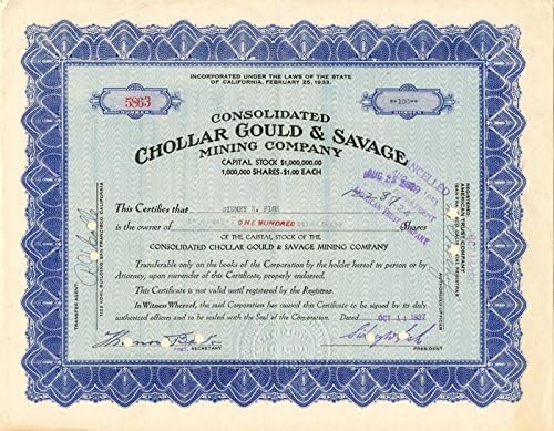 Consolidated Chollar Gould și Savage Mining Co. - Certificat De Stoc